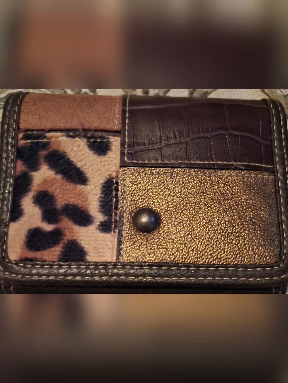 Mundi Safe Keeper Mixed Media Patchwork Leopard Croc Bifold Wallet